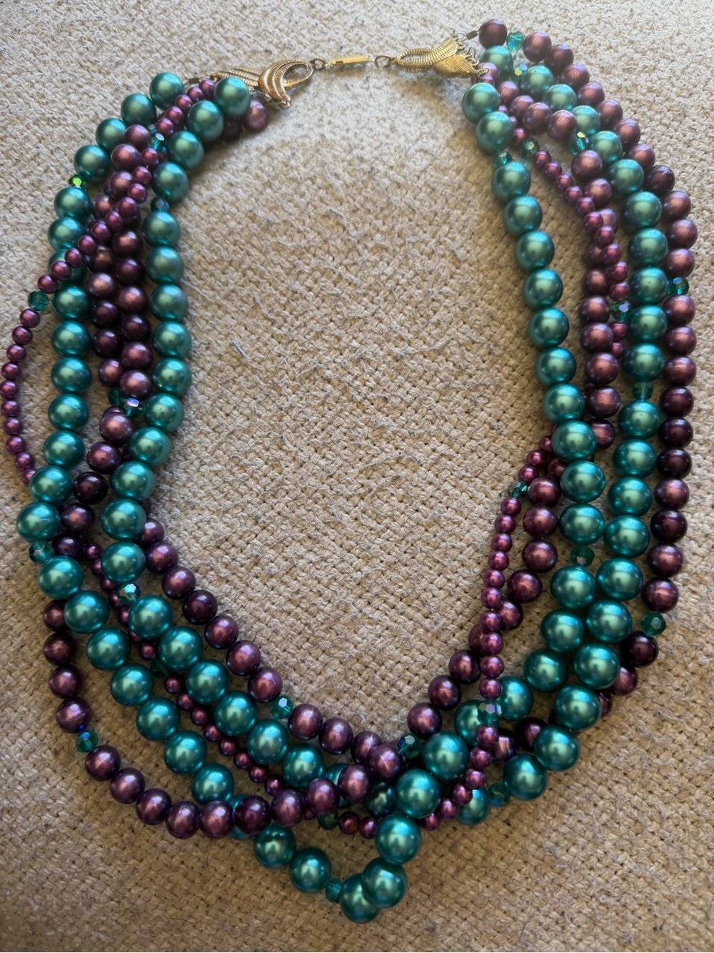 Teal and Plum Glass Faux Pearl 5-Strand Statement Necklace Vintsge